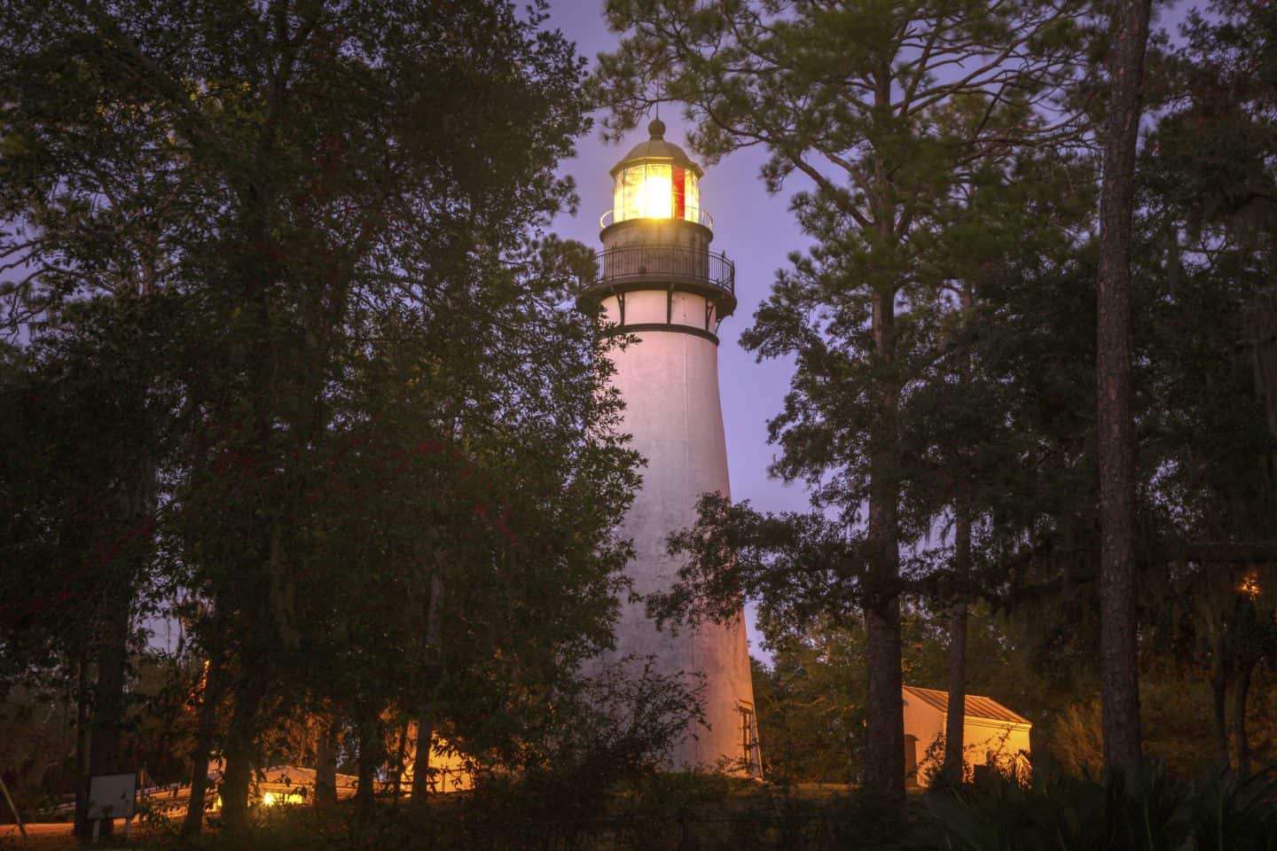 Amelia Island light house at night lite up