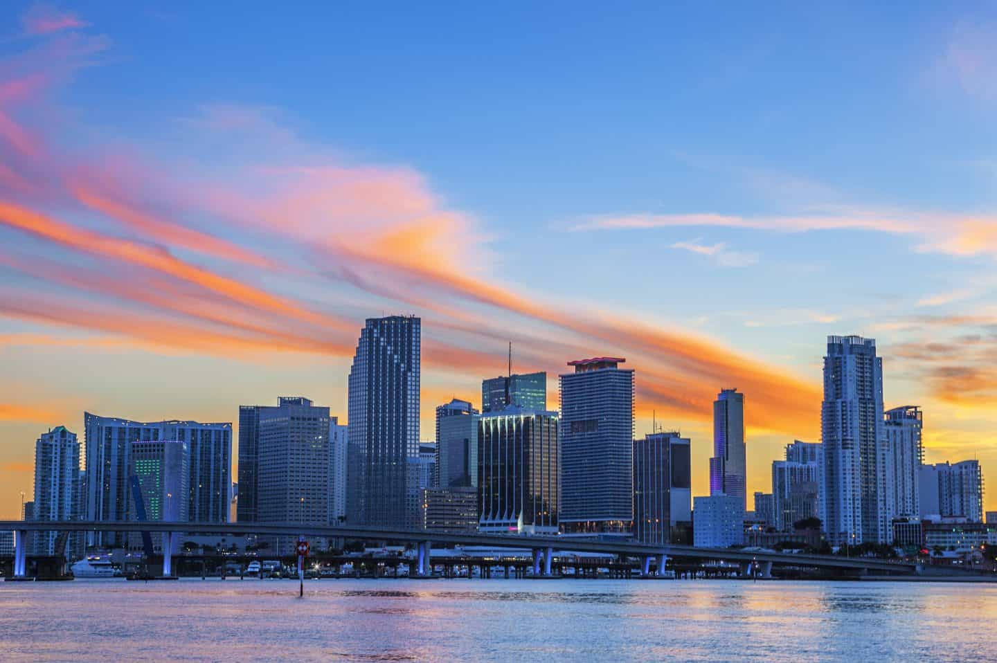 Miami sky line when the sun is setting